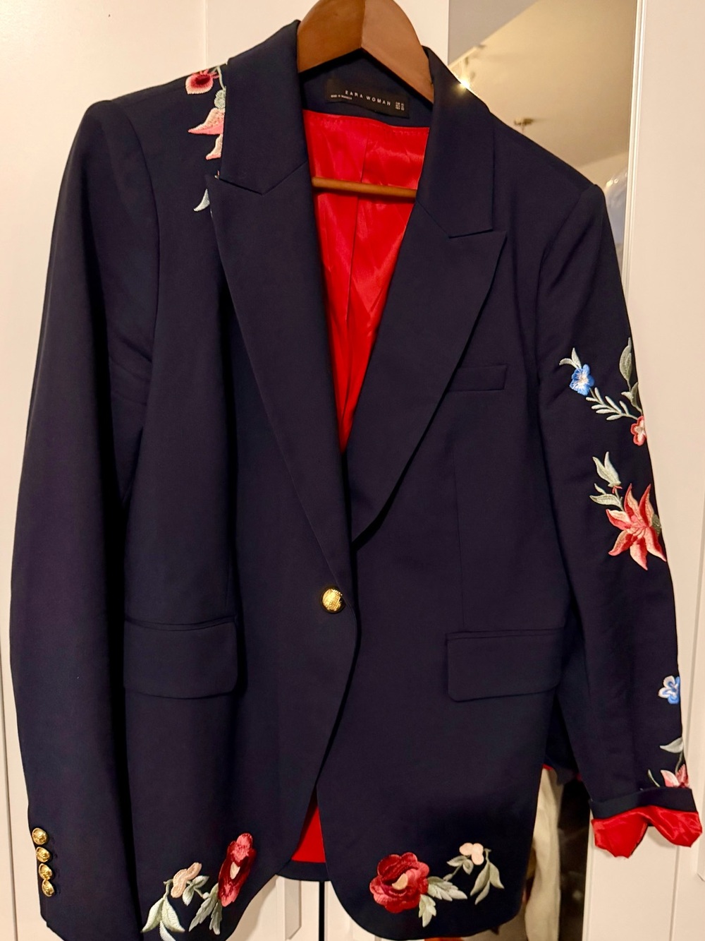 Zara Navy Blazer with Lining and Floral Embroidery